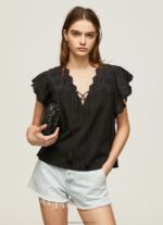Black Cotton Blouse With Openwork Details Pepe Jeans L20F2F336 Women