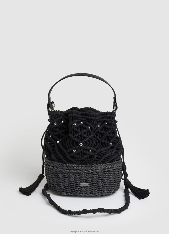 black_macrame_and_straw_bucket_bag_pepe_jeans_l20f2f741_women.jpg Black Macrame And Straw Bucket Bag Pepe Jeans L20F2F741 Women - Image 1