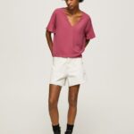 Dark Blush Crepe Top With Frills On Sleeves Pepe Jeans L20F2F375 Women