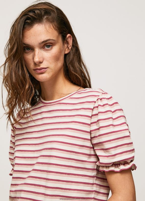 Dark Blush Ruffled-Sleeves Striped T-Shirt Pepe Jeans L20F2F392 Women - Image 3