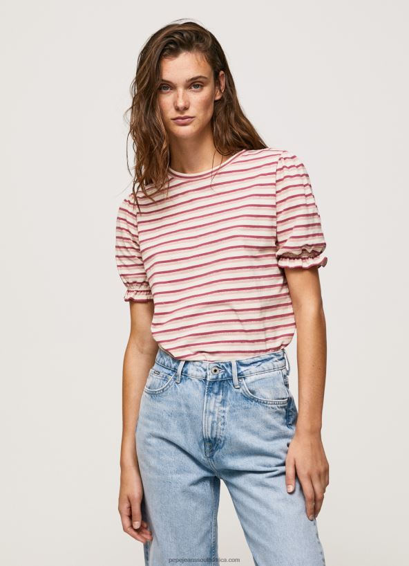 Dark Blush Ruffled-Sleeves Striped T-Shirt Pepe Jeans L20F2F392 Women - Image 1