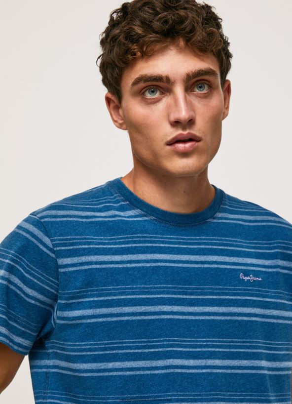 indigo_striped_printed_cotton_t_shirt_pepe_jeans_l20f2f966_men.jpg Indigo Striped Printed Cotton T-Shirt Pepe Jeans L20F2F966 Men - Image 1
