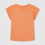 Peach Strass Logo Cotton T-Shirt Pepe Jeans L20F2F1451 Girl