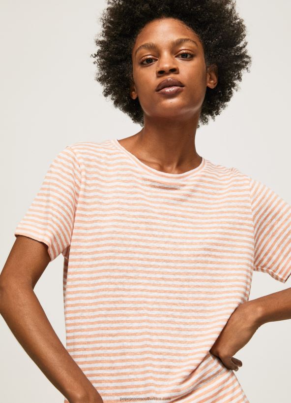 peach_striped_print_t_shirt_pepe_jeans_l20f2f386_women.jpg Peach Striped Print T-Shirt Pepe Jeans L20F2F386 Women - Image 1