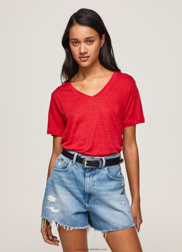 studio_red_linen_v_neck_t_shirt_pepe_jeans_l20f2f465_women.jpg Studio Red Linen V-Neck T-Shirt Pepe Jeans L20F2F465 Women - Image 1