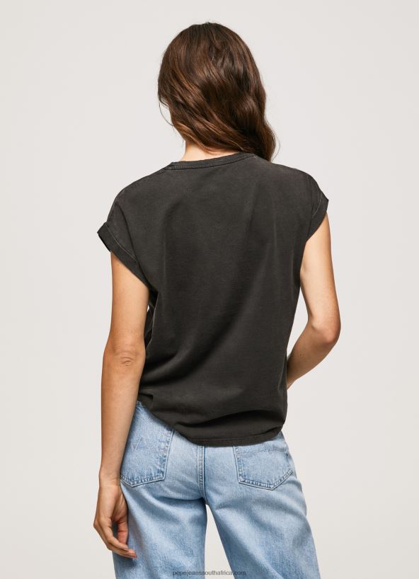 Washed Black Floral Logo Cotton T-Shirt Pepe Jeans L20F2F403 Women - Image 4