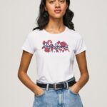 White Logo Print Lycra T-Shirt Pepe Jeans L20F2F385 Women