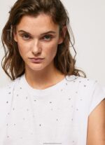 White Marbled Armhole-Sleeved T-Shirt Pepe Jeans L20F2F409 Women