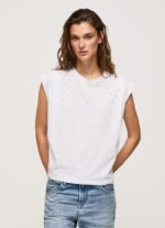 White Marbled Armhole-Sleeved T-Shirt Pepe Jeans L20F2F409 Women - Image 3