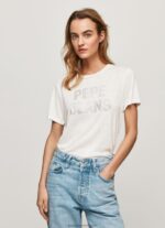 White Strass Print Logo T-Shirt Pepe Jeans L20F2F451 Women